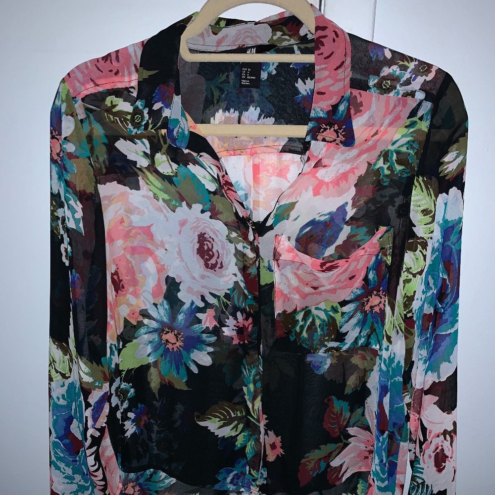 EUC $25 H&M Sheer Black Floral Shirt, Sz 6